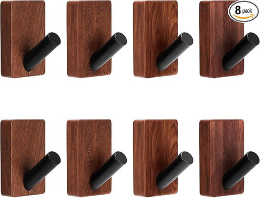 8 Pack Wooden Wall Hooks, Adhesive and Screw Mounted for Heavy Duty, Boho Decorative Coat Hooks for Towel, Clothes, Blanket, Hat, Entryway, Nursery Door