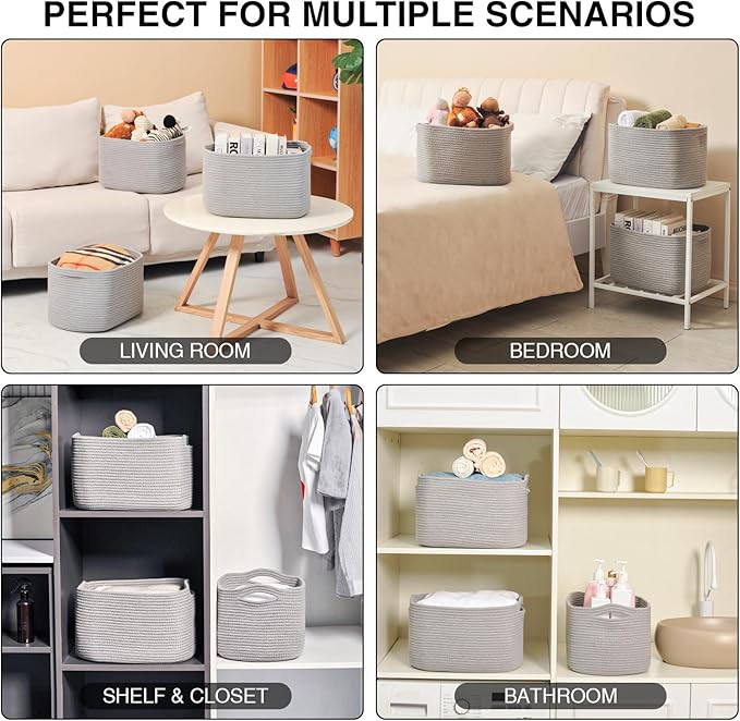 Grey Storage Baskets for Organizing Shelves, Woven Cotton Rope Basket for Storage, Gray Baskets for Toys, Cute Shelf Basket for Living Room Bedroom, 14.8"×11"×9.5", Pack of 3, Grey