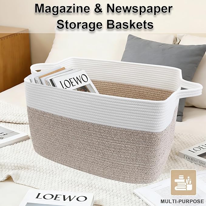 Magazine & Newspaper Baskets,Large Woven Rope Blanket Basket,24"x16"x15"Storage Bin with Handle,Toys Storage,Laundry Basket for Home Organization/Living Room/Nursery/Bedroom,White&Brown