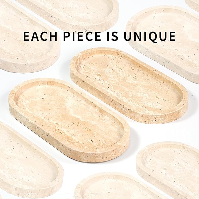 Travertine Marble Oval Tray - Stone Decorative Perfume Trinket Jewelry Dish, Catchall Organizer for Bathroom Vanity Dresser Kitchen Countertop Home Decor