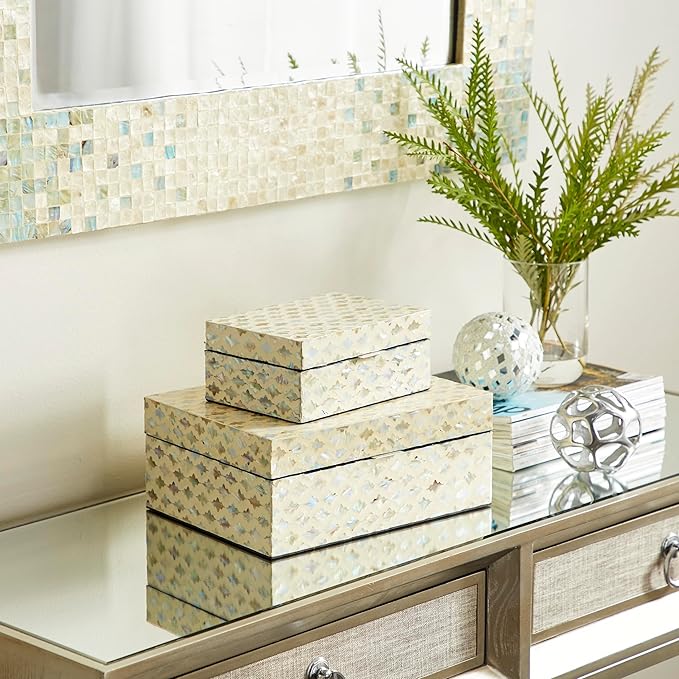 Deco 79 Mother of Pearl Shell Geometric Handmade Decorative Box Storage Decorative Keepsake Boxes with Hinged Lid, Set of 2 Storage Boxes 12", 8"W, Cream