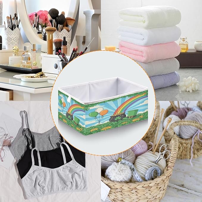 Bolaz St Patrick's Day Shamrock Field Leprechaun Hat Coins Closet Organizers Storage Cubes Storage Bins Shelf Baskets Containers for Home Room Office,Square