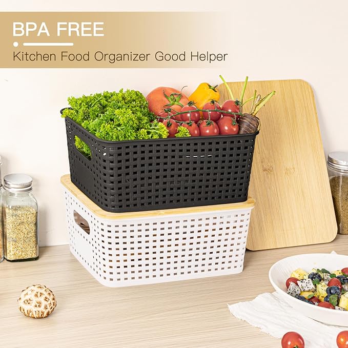 Criusia 6 Pack Plastic Storage Baskets With Bamboo Lid, Stackable Storage Baskets for Organizing Desktop Closet Shelves Drawers Pantry Organization Office Playroom Classroom (Black)