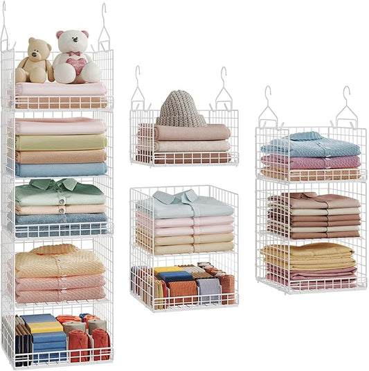 5 Tier Hanging Closet Organizer Separable Hanging Closet Shelves with 4 Hooks 2 Adjustable Dividers, Wire Storage Basket Bins for Clothing Sweaters Socks Dolls Handbags, Foldable