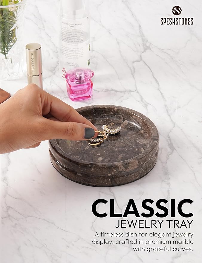 Marble Jewelry Dish 5 Inch Handmade Trinket Dish Ring Holder, Aesthetic Room Decor and Gifts for Women, Decorative Candle Plate, Key Bowl for Vanity