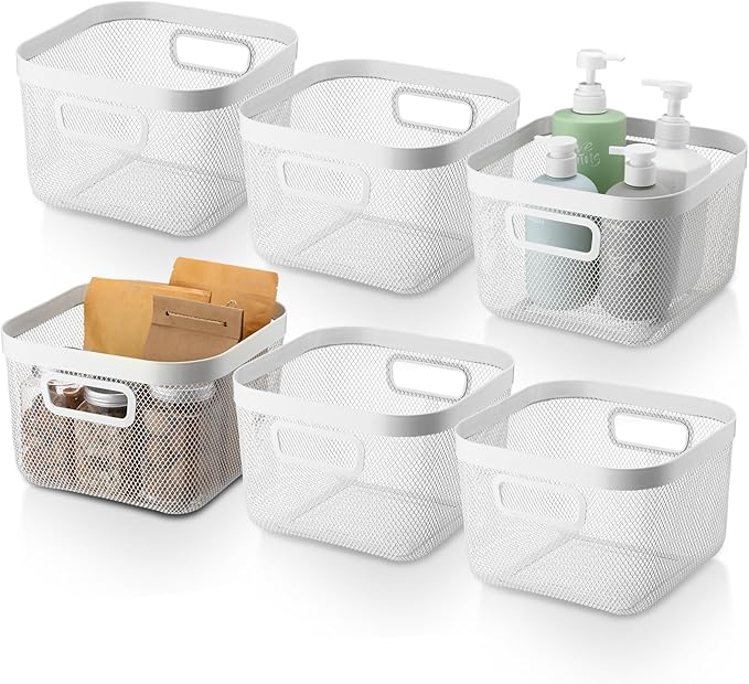 6 Pack Metal Mesh Basket with Hollow Handles White Wire Storage Bin for Organizing Stackable Metal Fine Mesh Basket for Pantry Bathroom Kitchen Cabinets Shelves (Medium)