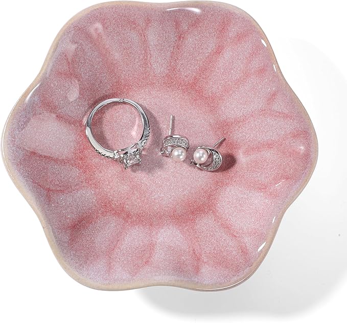 Pink Lotus Leaf Shape Ring Jewelry Dish Holder,Small Trinket Jewelry Tray,Decorative Jewelry Plate Bowl,Key Bowl,Birthday Engegament Gifts for Women Friends,Ceramic