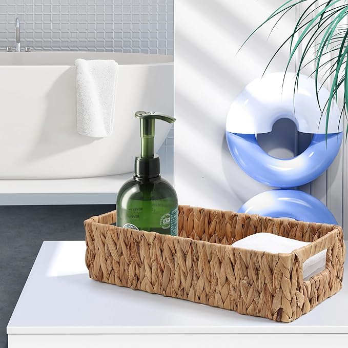 Wicker Storage Baskets with Handle Water Hyacinth Basket for Organizing Decorative Storage Bins for Countertop Toilet Tank Boho Rectangular Home Organizer (Natural, Set of 2)