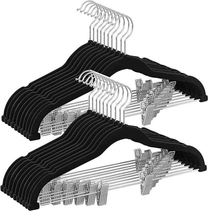 SONGMICS 20-Pack Pants Hangers, 16.7-Inch Long Velvet Hangers with Adjustable Clips, Heavy-Duty, Non-Slip Skirt Hangers, Space-Saving for Pants, Skirts, Coats, Dresses, Black UCRF012B20