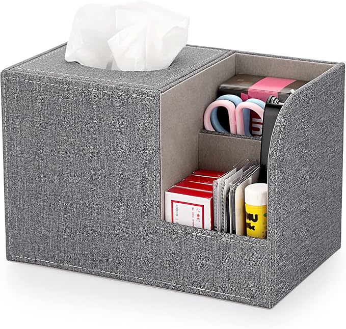 Sumnacon Square Linen Tissue Box Cover - Decorative Cube Tissue Box Holder with Side Organizer, Modern Tissue Box for Living Room Vanity Night Stand Table Countertop Office, Grey