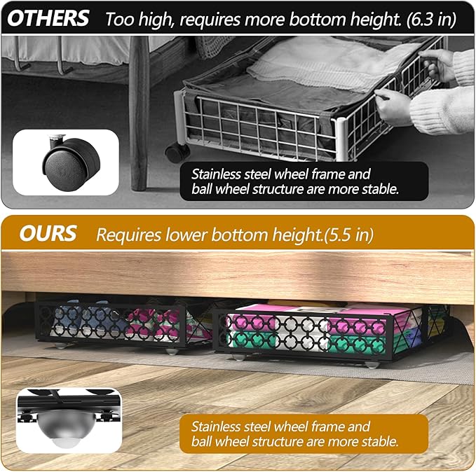 NADAMOO Large Under Bed Storage with Wheels, Low Profile Rolling Under Bed Storage Containersï¼Foldable Metal Under the Bed Organizer Bins for Bedroomï¼2 Packs