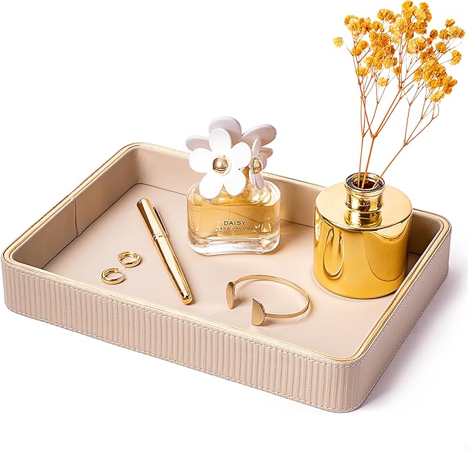 ZHEM Women Perfume Tray Valet Tray NightStand Bedside Organizer| Perfume Organizer Holder| Decorative Perfume Trays| Leather Vanity Tray Catchall Trinket Tray (Beige 8"x11"x1.75")