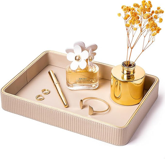 ZHEM Women Perfume Tray Valet Tray NightStand Bedside Organizer| Perfume Organizer Holder| Decorative Perfume Trays| Leather Vanity Tray Catchall Trinket Tray (Beige 8"x11"x1.75")