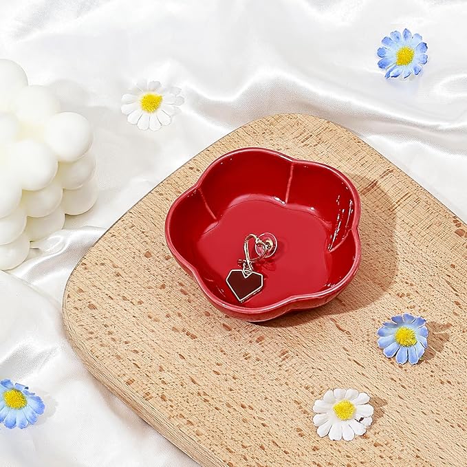 Koythin 2-Piece Small Trinket Dish, Ceramic Jewelry Ring Dish, Flower Key Holder Bowl for Women, Decorative Plate Tray for Dresser, Home Decor Organizer Trinket Tray (Five Petal Flower, Red)