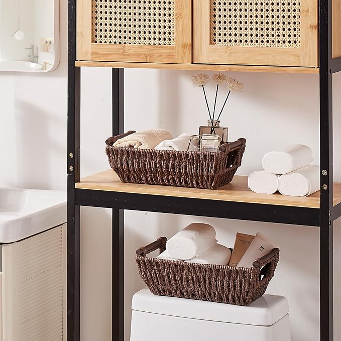 OIAHOMY Small Storage Baskets, Paper Rope Wicker Organizers with Wooden Handles, Baskets for Organizing, 2-Pack, Brown