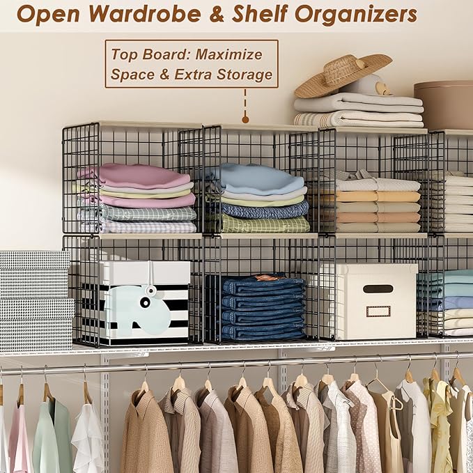 4-Tier Stackable Closet Organizers and Storage, Dual-Layer Reinforced Clothing Cube Shelves with Wood Tops, Sturdy Clothes Storage Bins & Shelf Basket for Wardrobe, Closet Organizer System