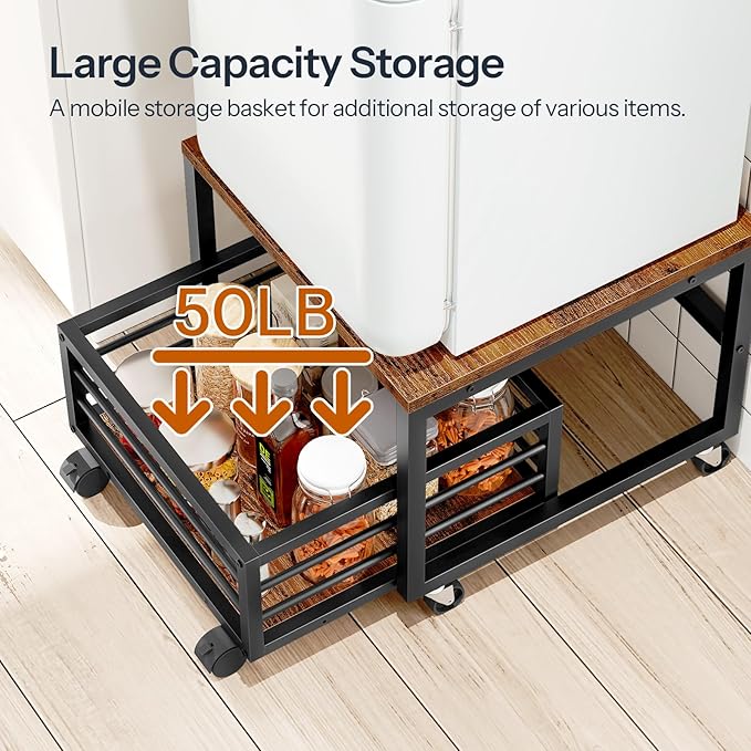 HOOBRO Mini Fridge Stand with Movable Storage Basket, Mini Fridge Cabinet with Wheels and Adjustable Feet, Sturdy Metal Frame, for Kitchen, Living Room, Office, Rustic Brown and Black BF155TL01