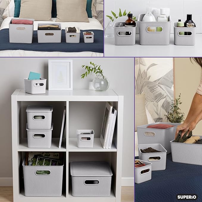 Superio Ribbed Collection - Decorative Plastic Basket Open Home Storage Bins Organizer, Medium White Smoke (6 Pack) Container Boxes for Organizing Closet Storage Bins for Shelves Drawer Shelf 5 Liter