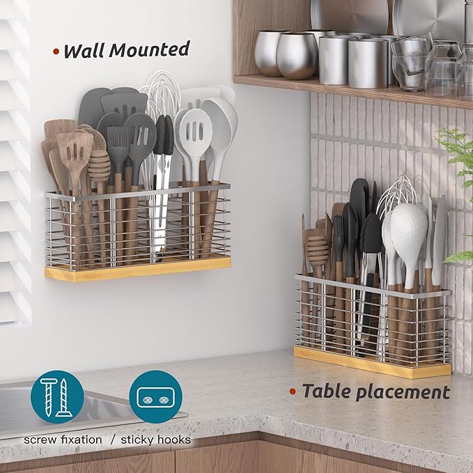 Suli Extra Large Kitchen Utensil Holder with 4 Compartments，Silvery Metal holder with Wooden Base for Countertop，Farmhouse Utensil Organizer for counter, Rustic Cooking Storage Caddy for Corner