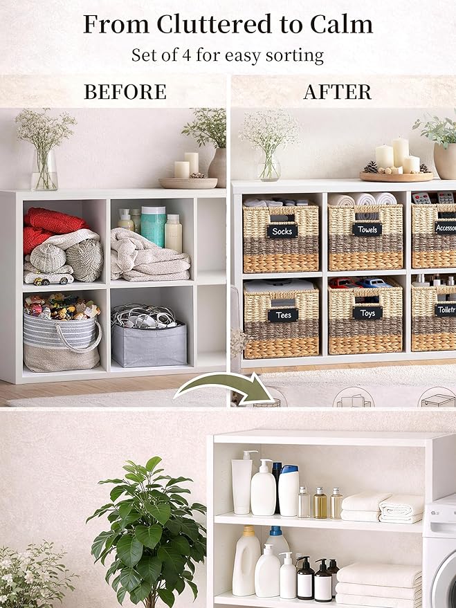 Storage Basket, 12x12x12 Inch Storage Cubes, Water Hyacinth Wicker Basket for Storage, Handmade Woven Baskets for Organizing, Set of 4 Wicker Storage Baskets for Shelves