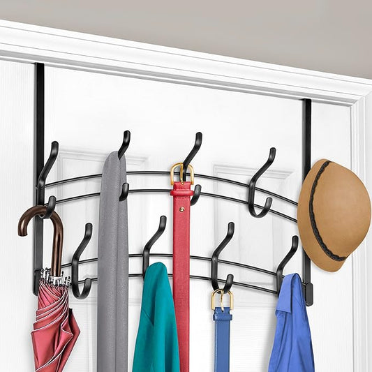 LYNK Professional® Home™ Over The Door Hooks - 18 Hook Over The Door Hanger - Over Door Coat Rack - Hanging Towels or Clothes - Bathroom, Bedroom or Laundry Room - Lifetime Ltd. Warranty – Black