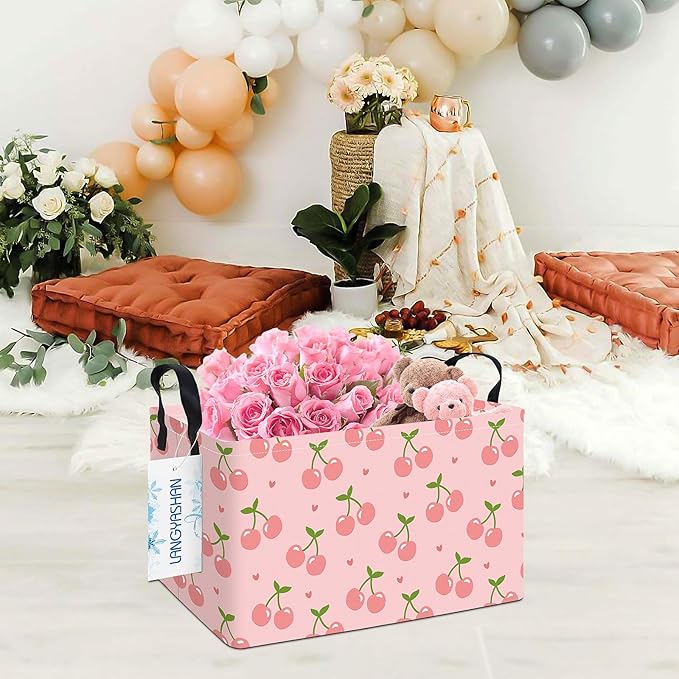 LANGYASHAN Rectangular Storage Bin Collapse Canvas Fabric Cartoon Storage Basket with Handles for Organizing Home Kitchen Boys and Girls Toys Office Closet Shelf Baskets (Rec Pink Cherry)