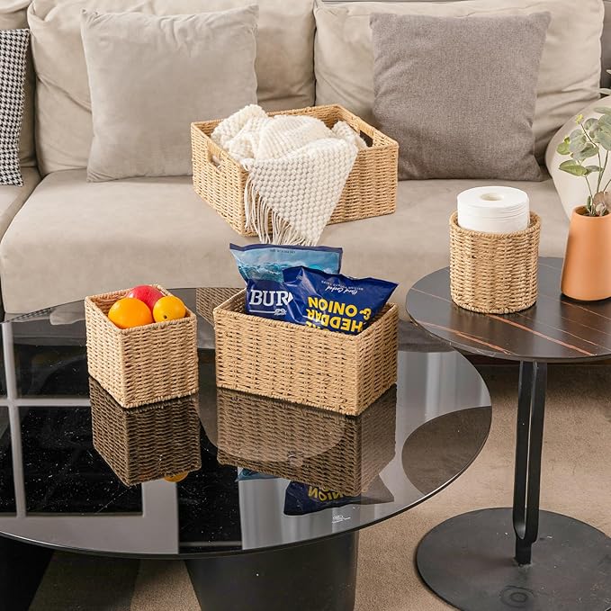 OIAHOMY Wicker Baskets for Organizing, Large and Small Shelf Baskets Set, Handwoven Bins for Storage,Paper Rope Home Organizers, Set of 4-Yellow