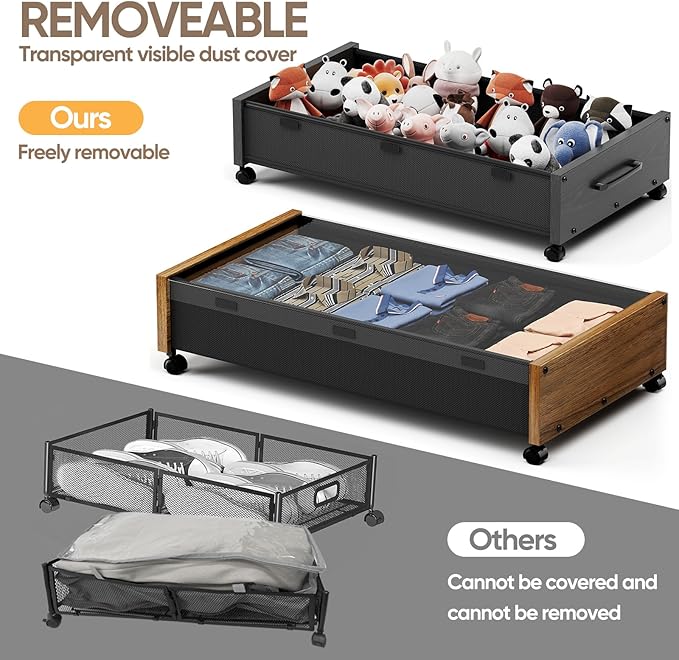 Under Bed Storage with Wheels, Rolling Underbed Storage Drawers, Wooden Under the Bed Storage with Remove Lid, Large Metal Storage Bins for Shoes Blankets Clothes Bedrooms Dorms (Vintage Brown-2pack)