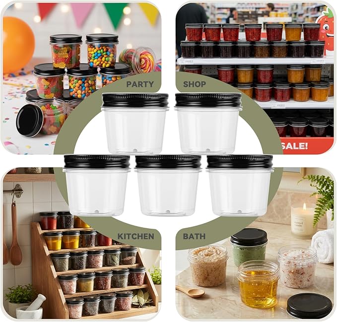 novelinks 4 oz Small Plastic Jars with Lids, 20 Pack Mini Plastic Mason Jars with Lids 4oz, Craft Storage Containers & Canning Jars & Small Spice Jars for Kitchen Organization (20 Pack,Black)
