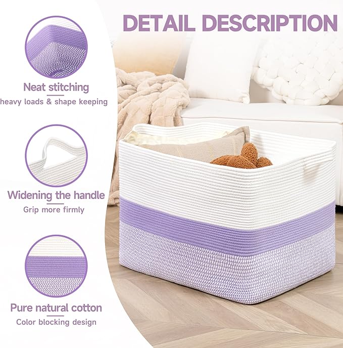 CLHMILY&Z Stylish Square Cotton Rope Storage Basket (Purple & White, 110L)