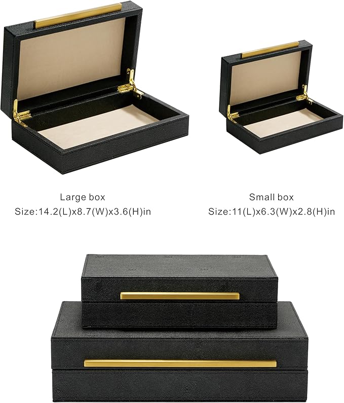 Set of 2 Black Shagreen Leather Decorative Boxes With Gold Handles, Faux Leather Jewelry Boxes Modern Storage Boxes Memory Boxes Home Organizer Box (Black-Gold, 2pack)