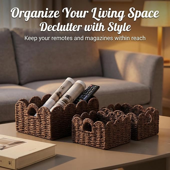 Scalloped Wicker Baskets, Set of 3 Hand-Woven Storage Baskets with Handles - Paper Rope Shelf Organizers & Decorative Baskets for Shelves, Closet, Bathroom (Brownï¼