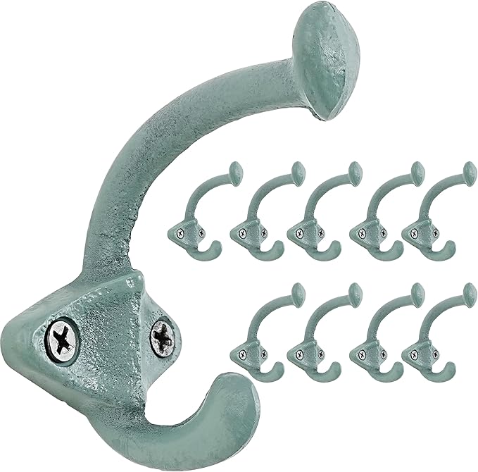 Dseap Cast Iron Wall Hooks, Heavy Duty Coat Hooks, Rustic Vintage Farmhouse Hook for Hanging Winter Coats Jackets Towels Hats Bags Plants, Mint Green, Pack of 10 (ShldCast)