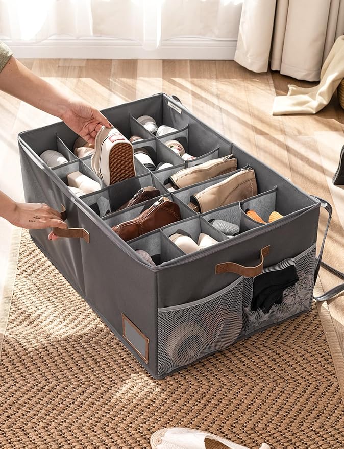 StorageWorks Shoe Organizer for Closet, Shoe Cubby Storage Containers for Sneakers and Heels, Shoe Rack for Closet with Clear Cover & Side Mesh Pocket, Fits up to 20 Pairs, Grey