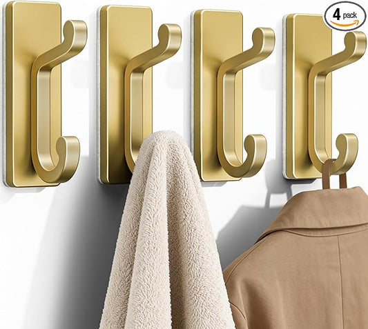 4 Pack Self Adhesive Wall Hooks for Coats - Stainless Heavy Duty Double Hook for Clothes, Towel, Keys, Purse, Backpack, Bag, Hat, Gold Coat Hook for Door, Bathroom, Bedroom, Holds 13Lbs.