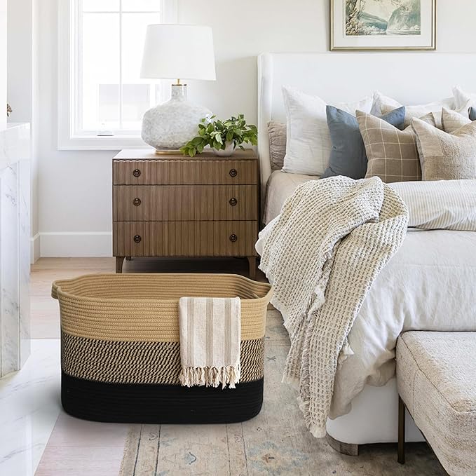 Extra Large Blanket Basket, 23.6"x15.7"x14.1" Woven Blanket Storage for Living Room, Oversized Wicker Floor Basket, Big Cotton Rope Kids Dog Toy Bin Box, Decorative Rectangle Pillow Holder