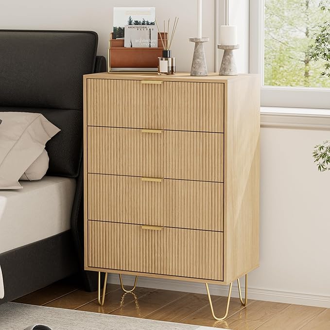 Masupu 4 Drawer Dresser, Drawer Chest, Tall Storage Dresser Chest Cabinet Organizer Unit with Gold Metal Legs, Nightstand for Bedroom, Living Room, Closet, Hallway Natural Stripe