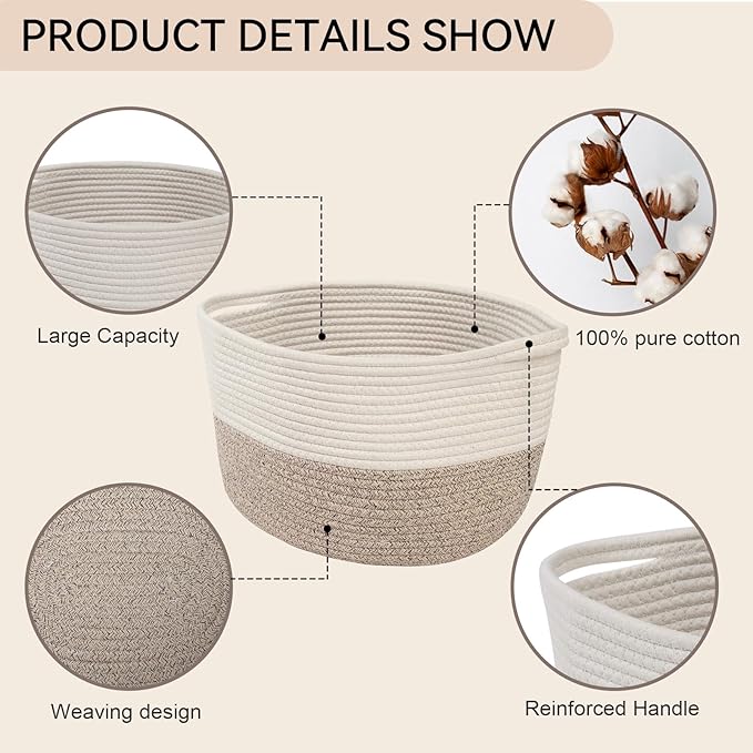 Storage Basket,Cotton Rope Woven Baskets for Organizing,Medium Soft Basket for Toys,Nursery,Bedroom, Gift Baskets for Home Decor,14"Ã11"Ã10",White-Brown
