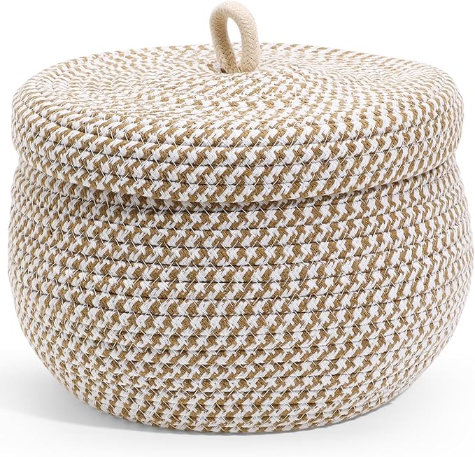 Small Cotton Rope Storage Basket with Lid, 8 inch Round Woven Covered Basket for Organizing, Decorative Lidded Baskets for Nursery Shelf, Boho Makeup Organizer for Vanity Countertop