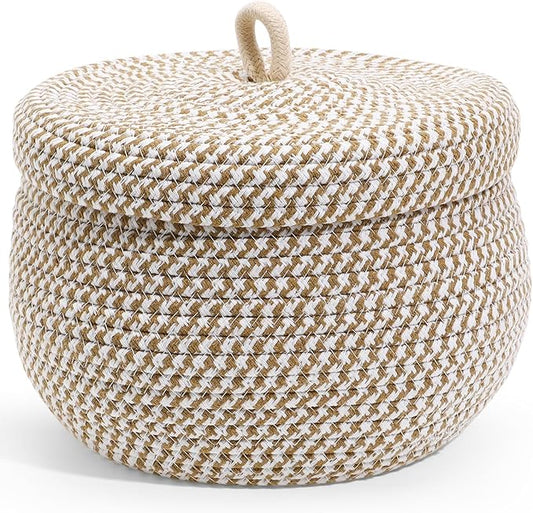 Small Cotton Rope Storage Basket with Lid, 8 inch Round Woven Covered Basket for Organizing, Decorative Lidded Baskets for Nursery Shelf, Boho Makeup Organizer for Vanity Countertop