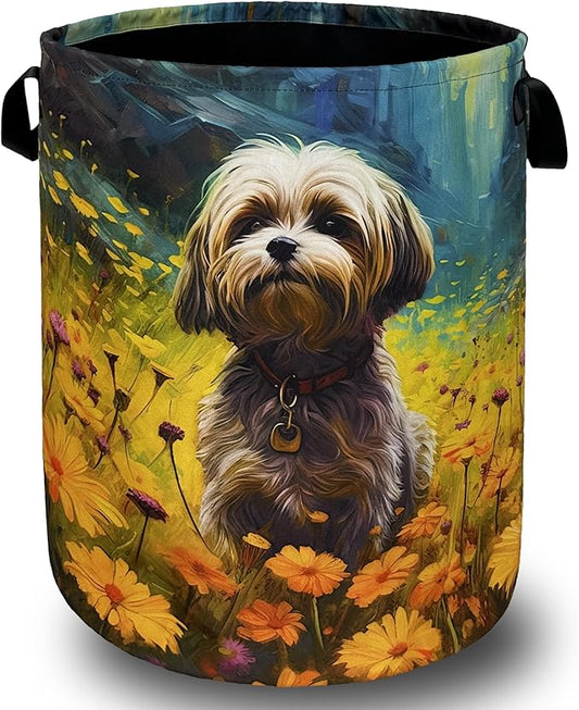Watercolor Yorkie Laundry Basket Foldable With Handles Cute Dog Flowers Tote Bag Oxford Cloth Animal Dogs Laundry Hamper Clothes Toy Storage Bucket For Bathroom/Laundry/Bedroom 18.9"x16.5 "