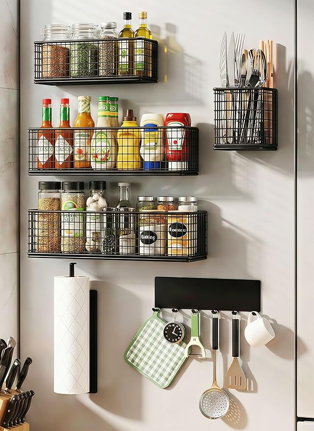 Magnetic Organizer For Refrigerator,With Spice Rack,Hooks Paper Towel Holder Utensils Racks, For Traeger Grills Of Washing Machine Side(Black) (Black, 6-Pack)