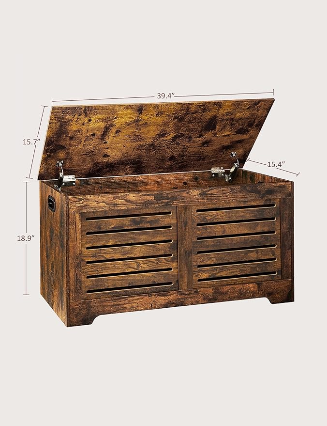 DINZI LVJ Storage Chest, 39.4âWooden Toy Box with 2 Safety Hinges, Retro Entryway Shoe Storage Bench with Flip-Top, Sturdy Large Storage Trunk for Living Room, Bedroom, Easy Assembly, Rustic Brown