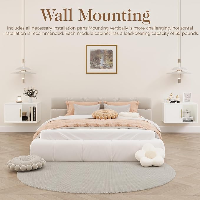 White Nightstand with Sliding Door, 2 Pcs Stackable Cubby Storage Organizers, Wood Dressers for Closet, Modern Storage Cubes for Living Room and Bedroom