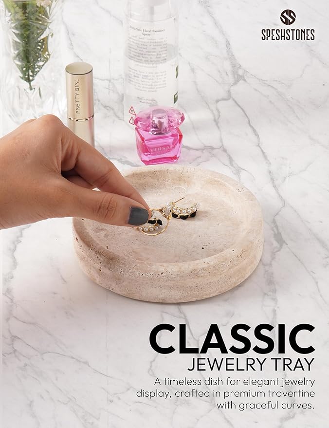 Marble Jewelry Dish 5 Inch Handmade Travertine Ring Holder - Trinket Tray for Vanity & Aesthetic Room Decor, Stone Key & Candle Plate for Entryway Table