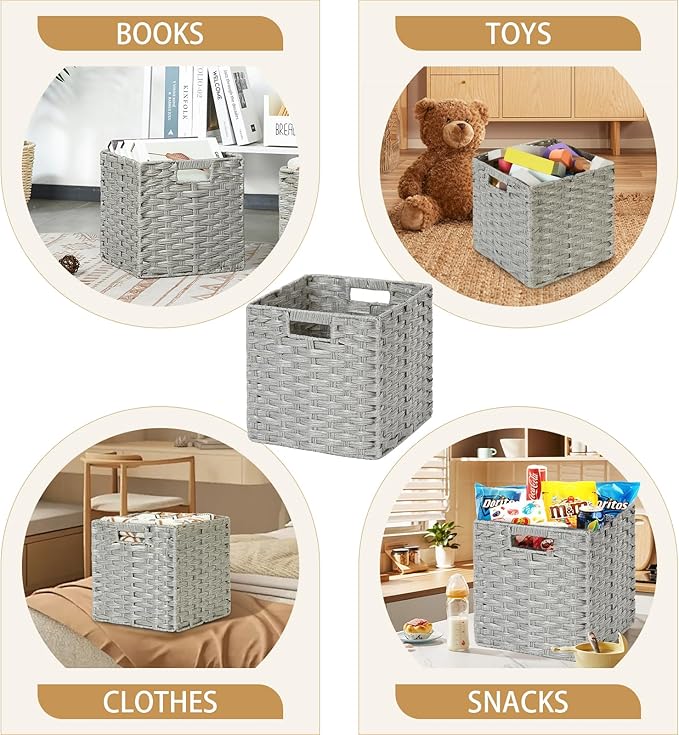 DULLEMELO Wicker Storage Cubes for Organizing 11x11x11 Inch Woven Storage Basket with Liner, Set of 2 Cube Storage Baskets for Shelves, Laundry Basket with Handles, Light Grey