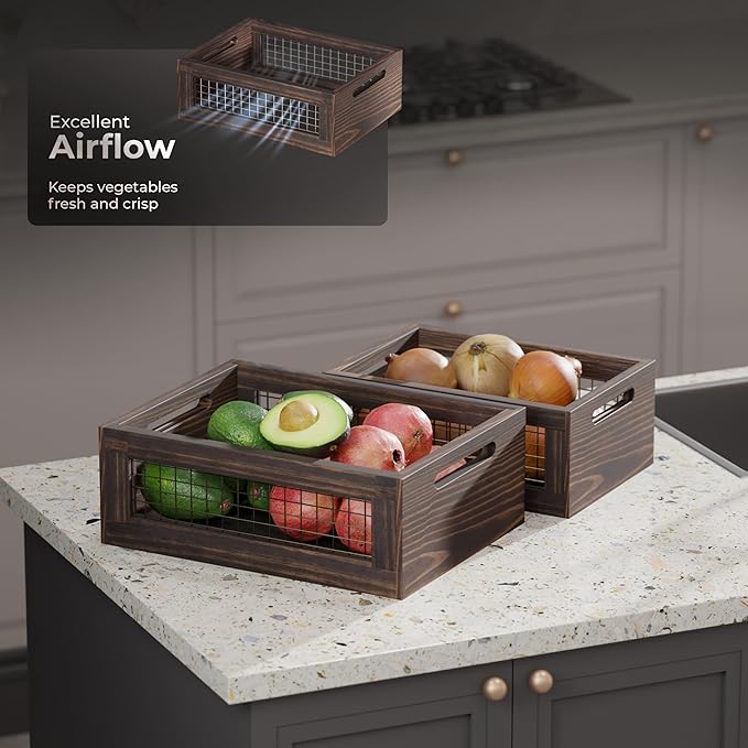 Set of 3 Extra Large Wooden Nesting Countertop Baskets, Rustic Wood Storage Organizer for Kitchen, Pantry or Bathroom – Fruit, Vegetables, Bread Crates with Handles (Largest 16")