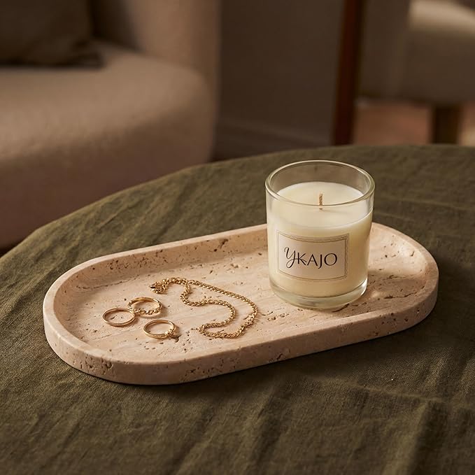 YKAJO 100% Natural Travertine Stone Tray, Unsealed Beige Marble Vanity Tray for Bathroom & Perfume, Raw Honed Finish Organizer for Jewelry, Candle & Coffee Table Decor, 11.6" L (Wabi-Sabi Aesthetic)