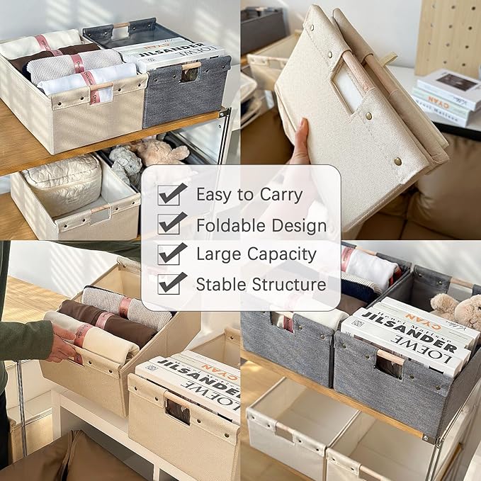 2PCS Storage Bins Cotton Linen Fabric Storage Boxes Basket with Wooden Handles Foldable Washable Decorative Shelf Container Clothes Organizer Home Laundry - Small Size, Beige