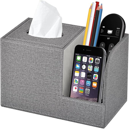 Square Tissue Box Cover Organizer,PU Leather Cube Tissue Box Holder with 2-Compartment Storage Box,Tissue and Remote Control Holder,Decorative Tissue Box Bedroom NightStand Office Tabletop,Grey